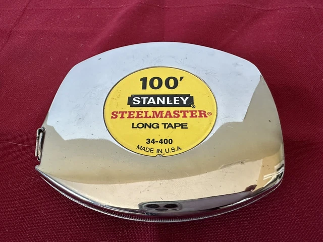 Vintage 100ft Stanley Wind Up Measuring Tape, Steelmaster, Metal Case, Hand Tool