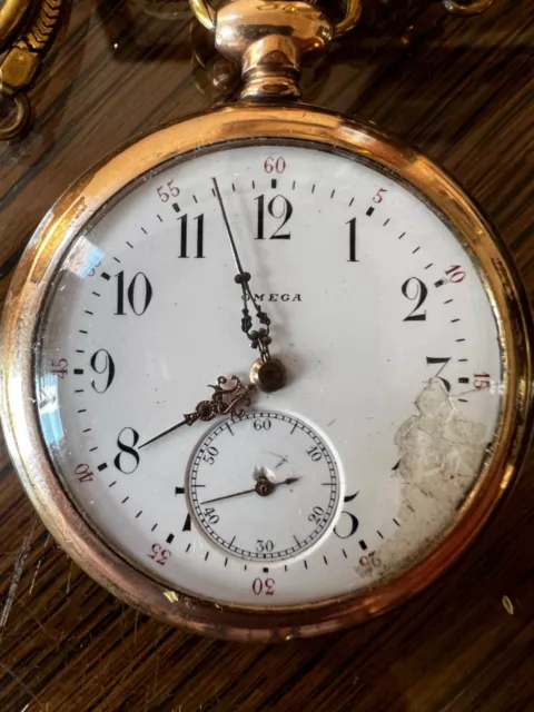 ANTIQUE 18s SWISS OMEGA 24hr GOLD FILLED POCKET WATCH - WORKS!!