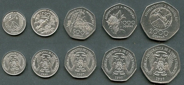 S Tome e Principe - set 5 coins 100 250 500 1000 2000 Dobras 1997 UNC Lemberg-Zp