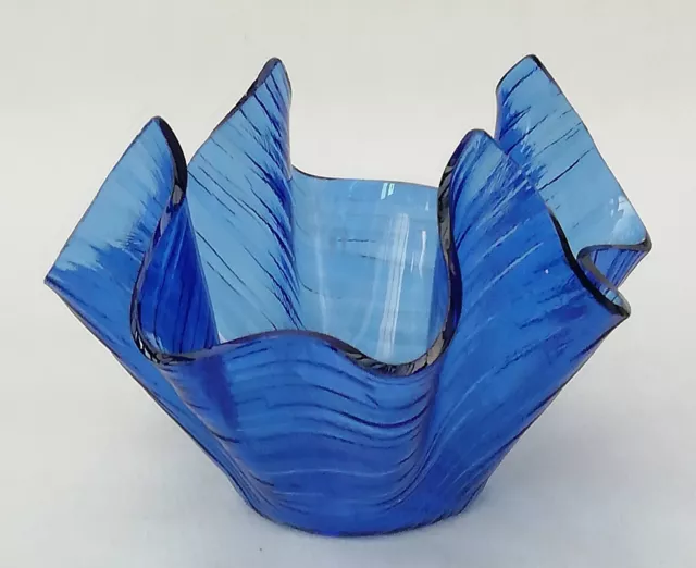 Vintage Chance Brothers Blue Glass Textured Bark Handkerchief Vase 10.5cm High