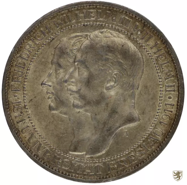 PREUSSEN, 3 Mark, 1911 A, Wilhelm II., Universität Breslau, Jg.108, vorzüglich