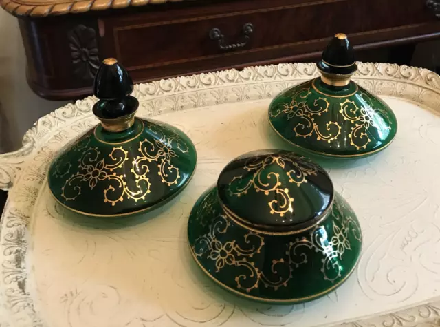 Czech Bohemian Style Glass Dresser Vanity Set Green