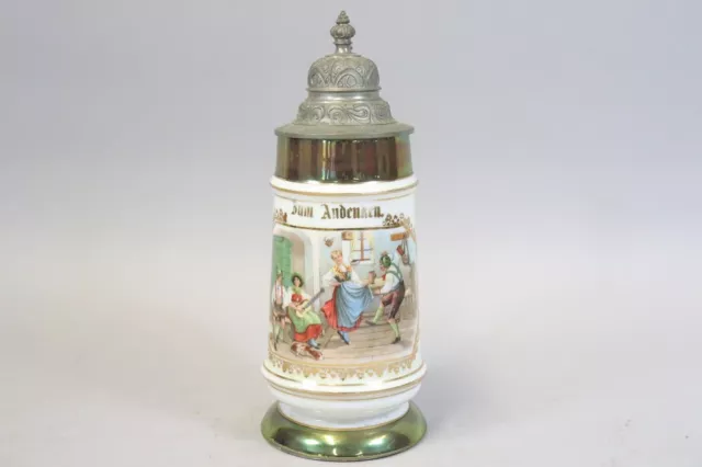 Bierkrug Andenkenkrug Porzellan irisierende Glasur Zinndeckel um 1900 (FQ852)