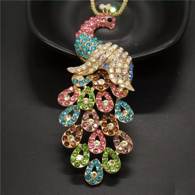 Betsey Johnson Rhinestone Colorful Bling Peacock Crystal Pendant Chain Necklace 3