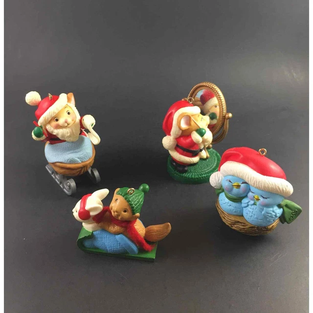 Avon Collectible 1980's Christmas Ornaments Set of 4 Santa, Mouse, Birds, Sled