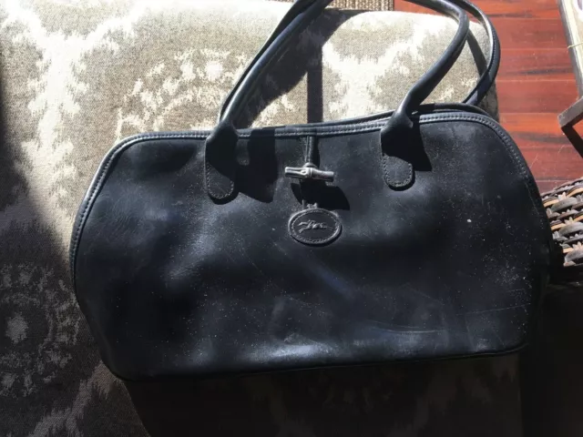 VGUC AUTH Longchamp Black Roseau Leather Toggle Shopper Top Handle Bag