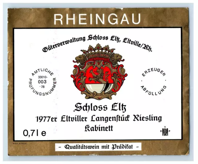 1970's-80's Rheingau Schloss Eltz Riesling German Wine Label Original S19E