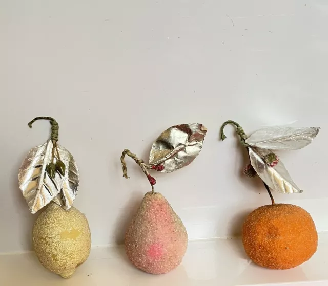 Antique Pear, Lemon, Orange 3 Lg fruit  Spun Cotton Germany Christmas Ornaments