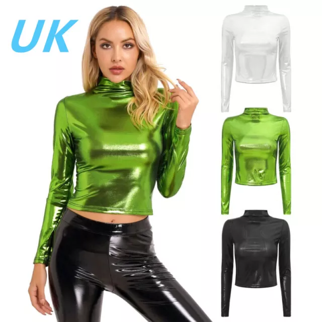 UK Women Shiny Metallic Long Sleeve Crop Top Fashion Turtleneck T-shirt Clubwear