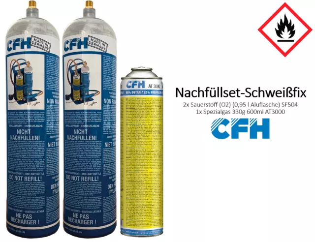 CFH Ersatzdosen Schweißfix 2x Sauerstoff Aluflasche 1x Spezialgas AT3000 Set