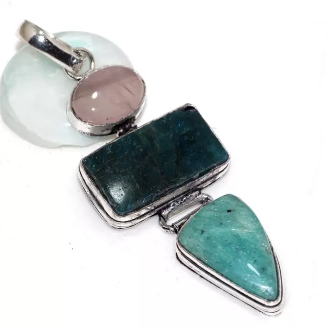 Blue Apatite Amazonite 925 Silver Plated Long Pendant 2.7" Ethnic Jewelry AU a73