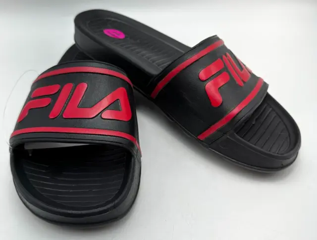 FILA Slide Mens 11 Sleek ST Black Red Logo Slippers Sandals Slides M-11