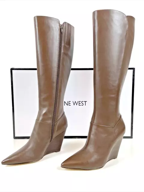 NWB Nine West Boots Varin Wide Calf Brown Leather Wedge Knee High Point Size 7.5