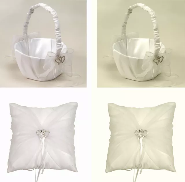 Flower Girl Basket/Ring Pillow W/Double Heart Rhinestone Accent & Organza