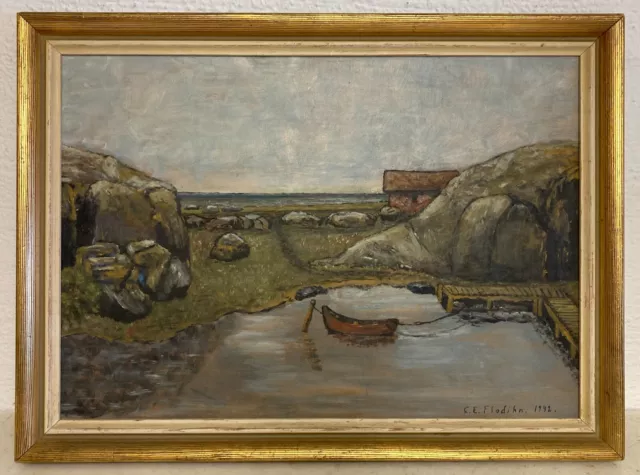 Pintura Al Óleo Impresionista 1942 Casas Am Mar Suecia Flodihn Firmado