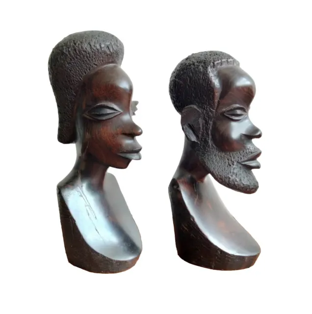 Vtg Tribal Hand Carved Head Bust Ebony Wood African Pair Figurine Ornament 19cm