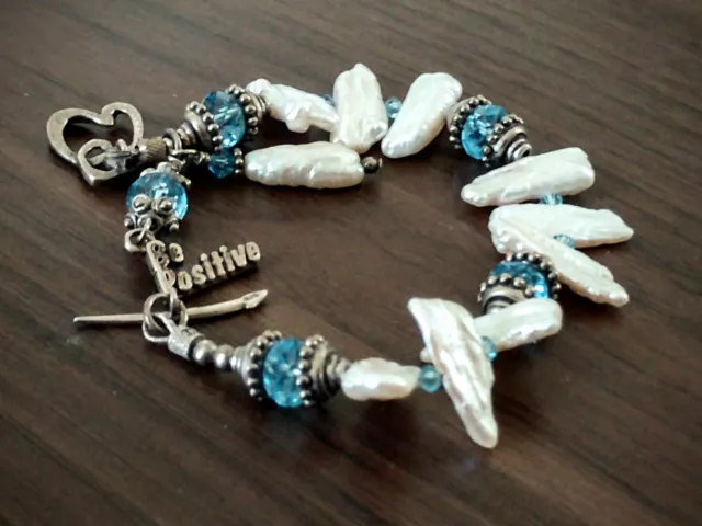 Gorgeous & Unique Mother of Pearl & Aquamarine Link Bracelet ~ Sterling Silver