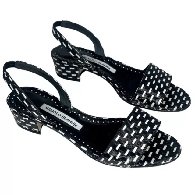 Manolo Blahnik Sandals 7.5 Slingback Black White Patopia Halter Snakeskin