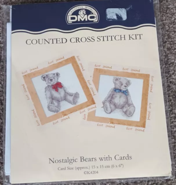 DMC Counted Cross Stitch Kit ~ Nostalgic Bears With Cards ~ 6" x 6"