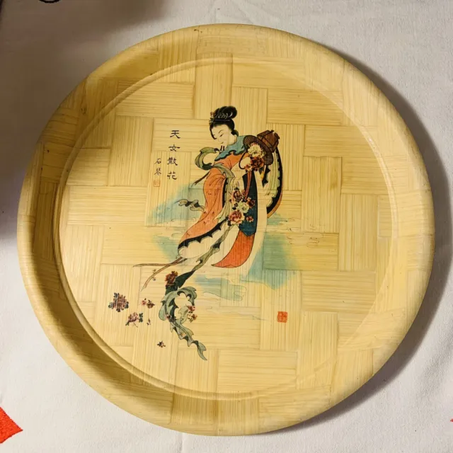 Bamboo Asian Angel Chinese Plates 9”, 12” Round Vintage Preowned