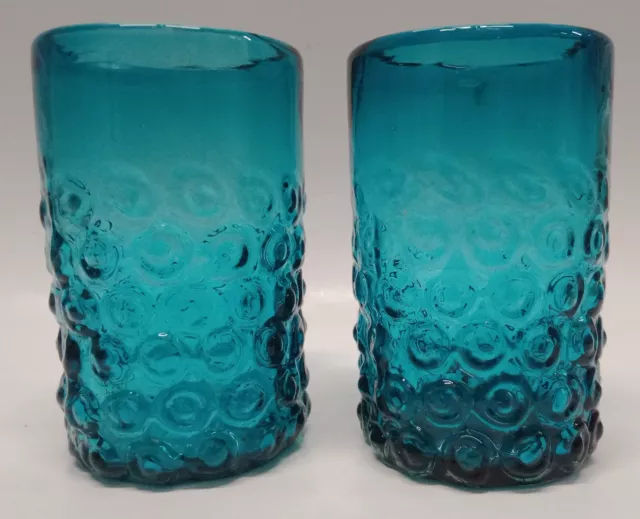 2 x Bubble Glass Tumblers Hand Blown Blue Teal Turquoise Iced Tea Water Highball