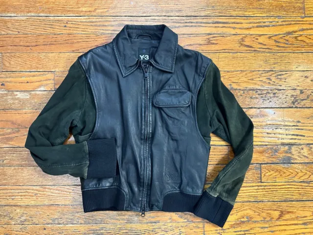 Y-3 Yohji Yamamoto Adidas Black Leather Jacket suede green sleeve  Size M