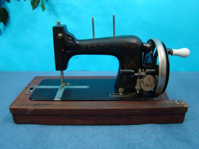 Antique  Hand Crank Sewing Machine-Cast Iron-Straight Stitch-Wood Inlaid Base