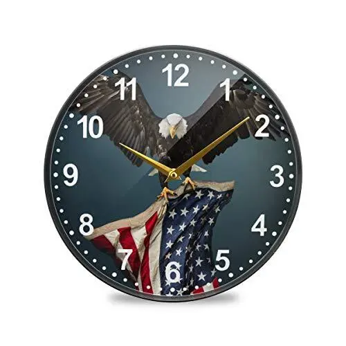 Usa Flag American Bald Eagle Wall Clock Battery Operated Silent Non Ticking Cloc