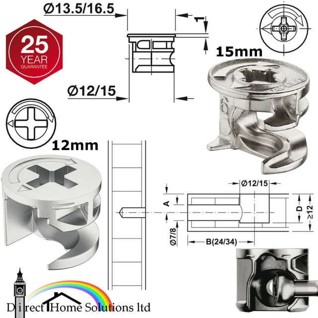 Hafele Minifix 12mm Cam Lock Bolts & Dowels - Furniture Fittings For Flat Pack Assembly