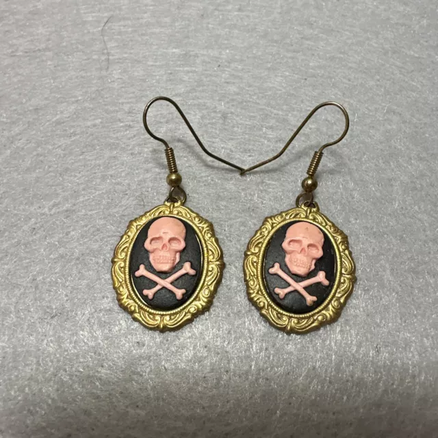 Skull & Crossbones Pink Black Cameo Dangle Drop Earrings Antique Bronze