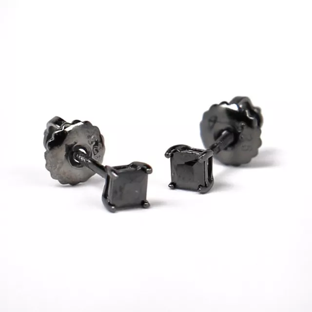 Black Princess Cut Small Cz Solitaire Stud Screw on Post Earrings For Men