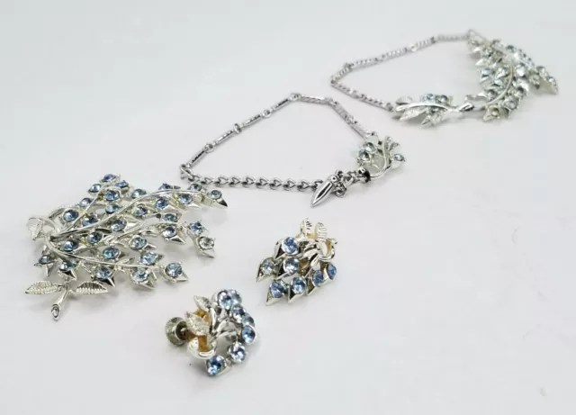 Coro Bracelet Set W/ Brooch & Earrings Leafs Silver, Baby Blue Rhinestones