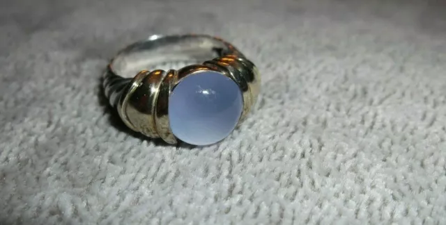 Vintage David Yurman Capri 10mm Cabochon Chalcedony cable ring 14K & Sterlimg