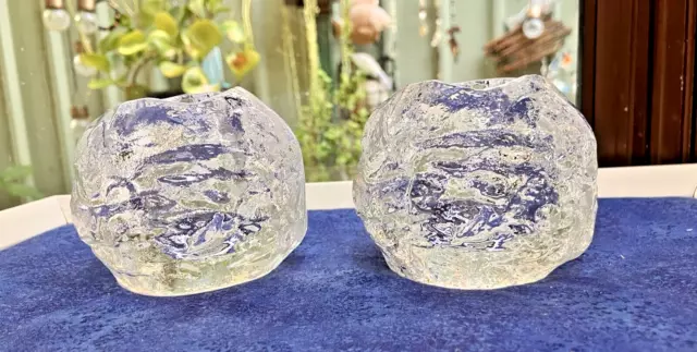 PAIR SNOWBALL Votive Tea Light Candle Holders 1 KOSTA BODA Sweden Crystal  HEAVY