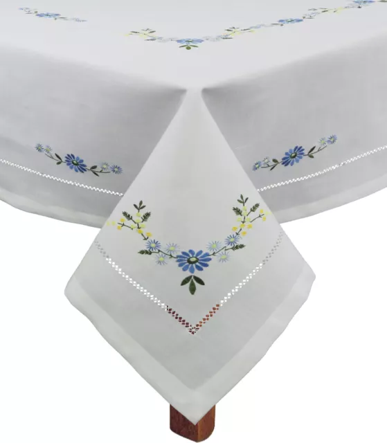 Creative Linens Hemstitch Embroidered Daisy Flower Tablecloth, White Blue