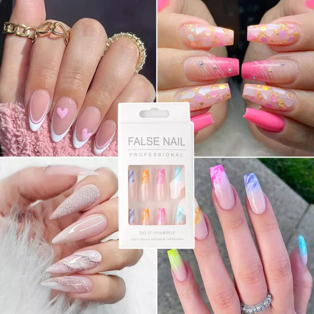 24 Pcs Press On Nail Glue Gel On False Reusable Fake French Nail Tip Multicolor↖