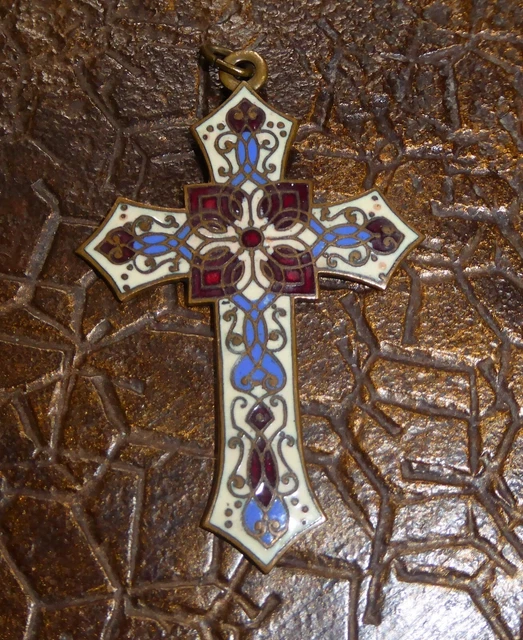 Pendentif Croix En Argent Massif Avec émaux Bleus - Bijou Ancien Du XIXème Siècle - Marque Emaux Bressans