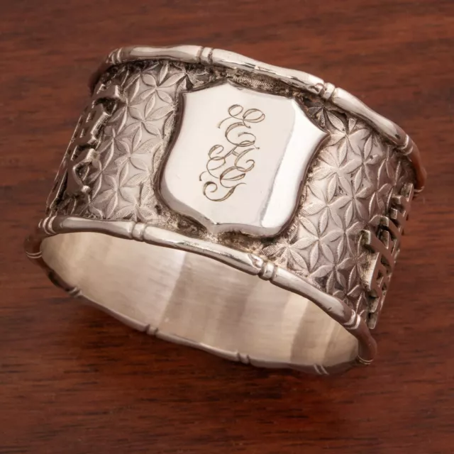 Early Cumshing Chinese Sterling Silver Napkin Ring Bamboo, Hanzi Motif Mono Ehg