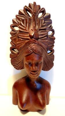 Balinese Indonesian Wooden Hand Carved Sculpture Woman Bust 8" Head Dress