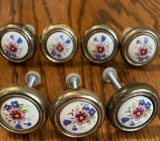 Vintage Brass Porcelain Drawer Cabinet Knob Pulls Handles Floral Set of 7