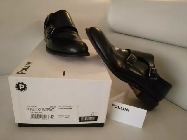 Scarpe uomo 42 POLLINI moda vero cuoio MADE IN ITALY vitello nero 20mm cerimonia