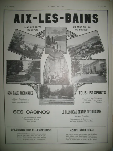 Publicite De Presse Aix-Les-Bains Thermes Casino Tourisme Alpes De Savoie 1924