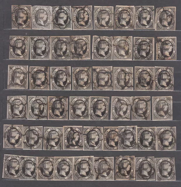 España Clásicos 1851 Edifil 6 Usado - Lote de 50 sellos para estudiar los defe