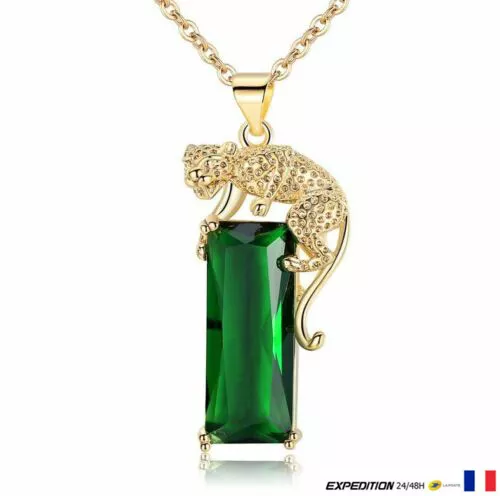 Pendentif Collier Femme Bijoux Chaîne doré carré zircon vert motif léopard