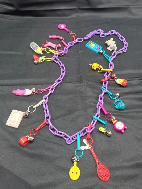 Vintage 1980’s Plastic Bell Clip Charm Necklace W/17 Assorted 80’s Charms 23"