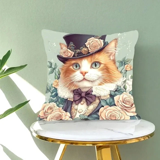 Housse de coussin CHATTE COSTUME ANCIEN ET BIJOUX 45 cm Chat humanisé