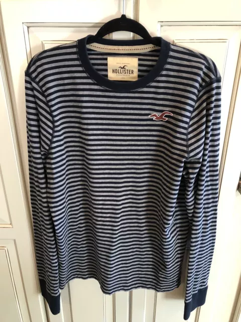 Hollister T-Shirt Men's XL Long Sleeve Striped Embroidered Logo Navy Gray EUC
