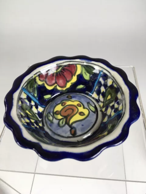 Mexican Pottery Small Bowl 4” Multicolor Floral Salsa Sauce Trinket Dish