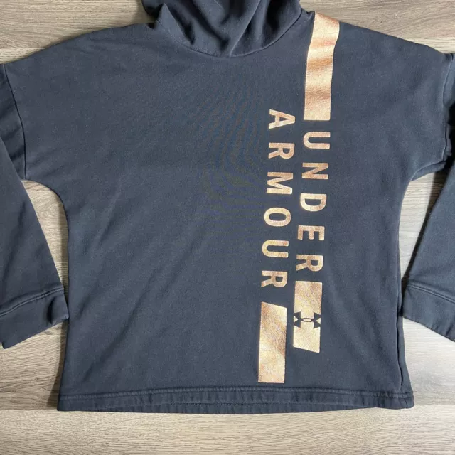 Under Armour Rival Fleece Po Black Womans Hoodie Sz SM Rose Gold Foil Sweatshirt 3