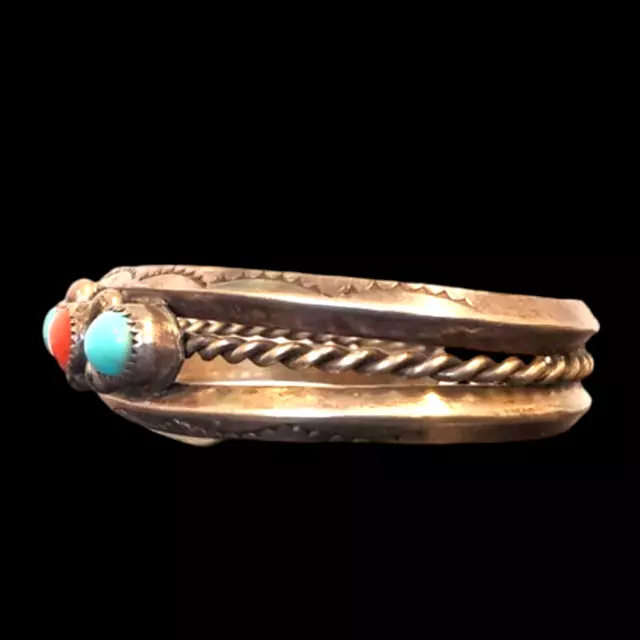 Old Pawn/Estate Vintage Navajo Sterling Silver Turquoise & Coral Bracelet 3